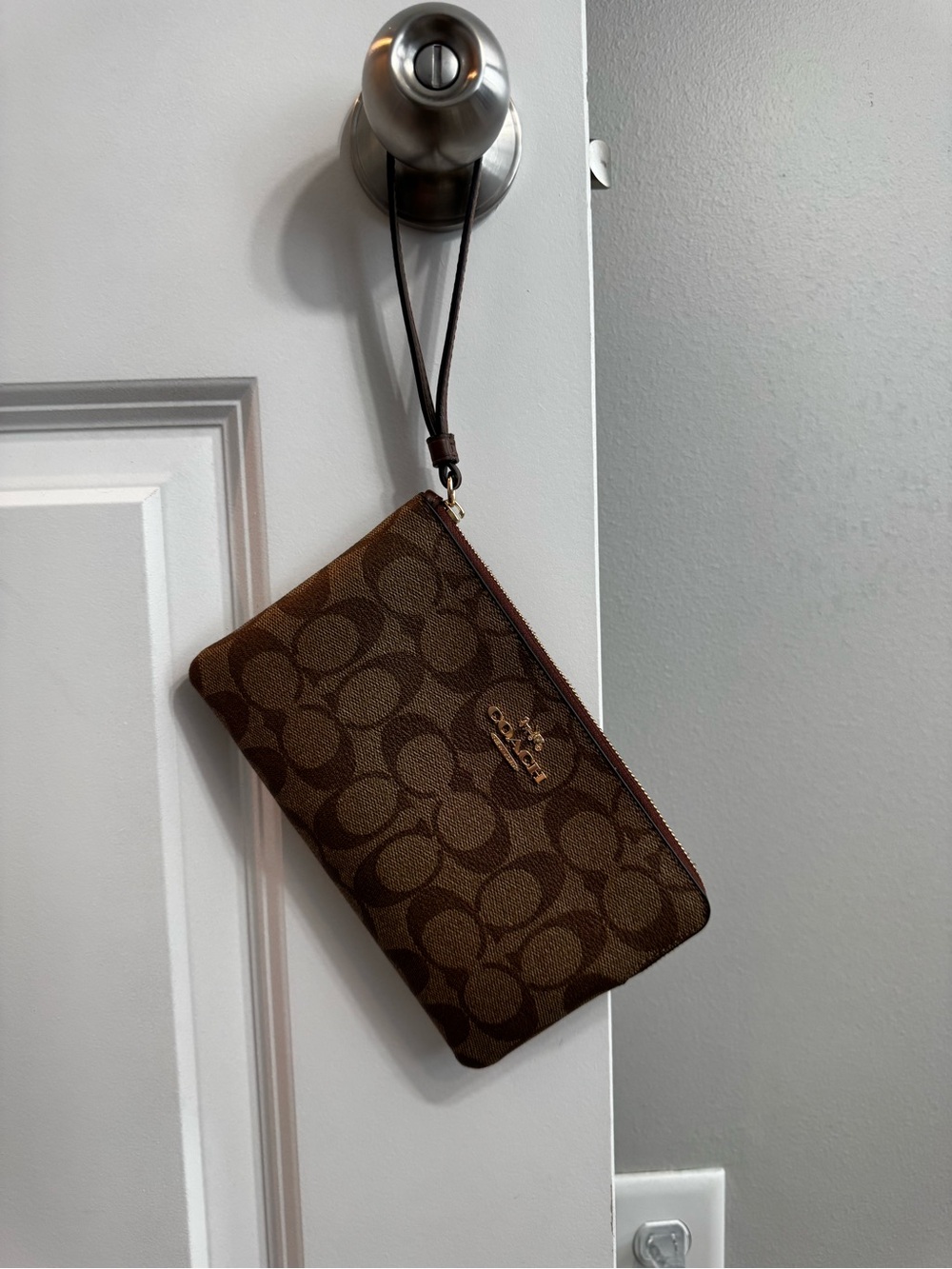 Coach Brown Signature Canvas Wristlet with Gold Logo